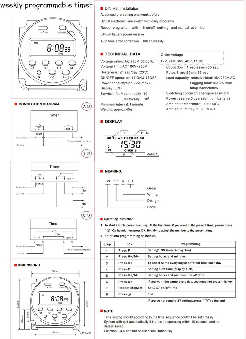 5V Programmable Timer Relay 1-168 Hours (1 week max)