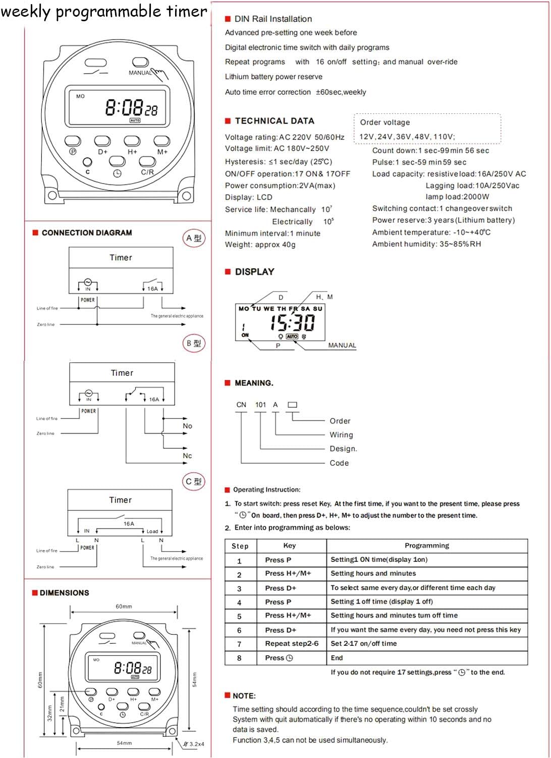5V Programmable Timer Relay 1-168 Hours (1 week max)