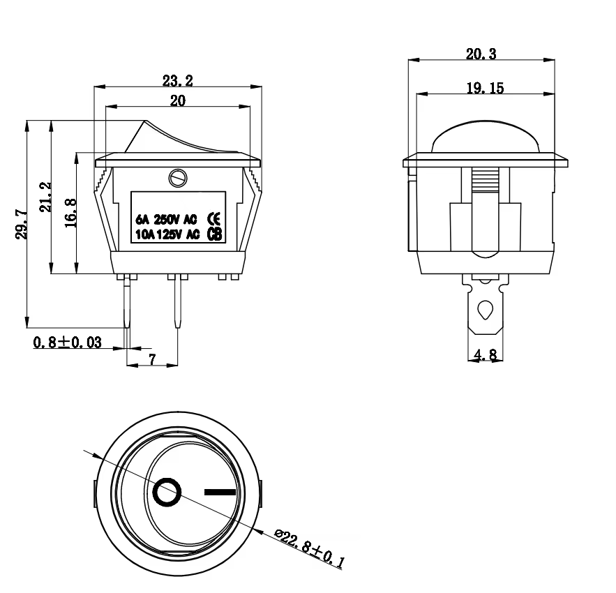 Round SPST Rocker Switch – ON/OFF, 2-Pin Dimensions