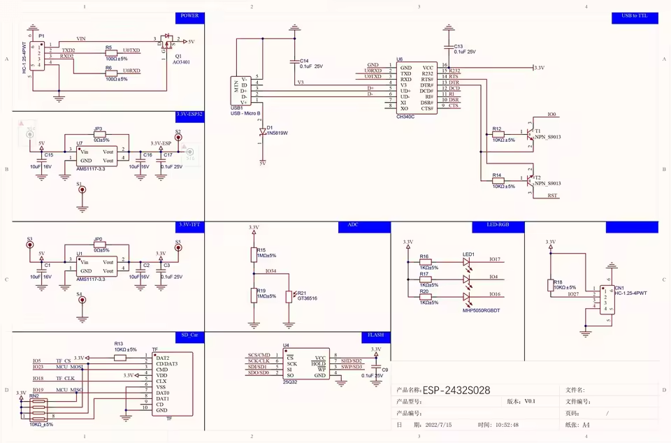 ESP32 Dev Board with 2.8" Capacitive Touch Display – WiFi & Bluetooth (CYD) JC2432W328  Schematic