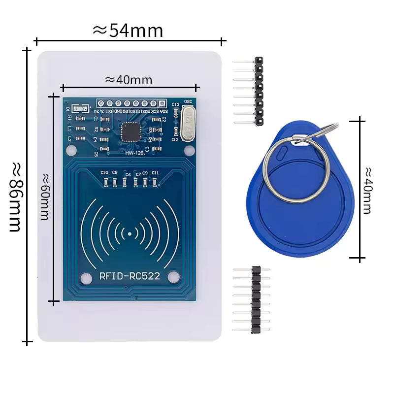 RC522 NFC RFID 13.56MHz Card Reader/Writer Module Kit with Card and Key Fob Dimensions