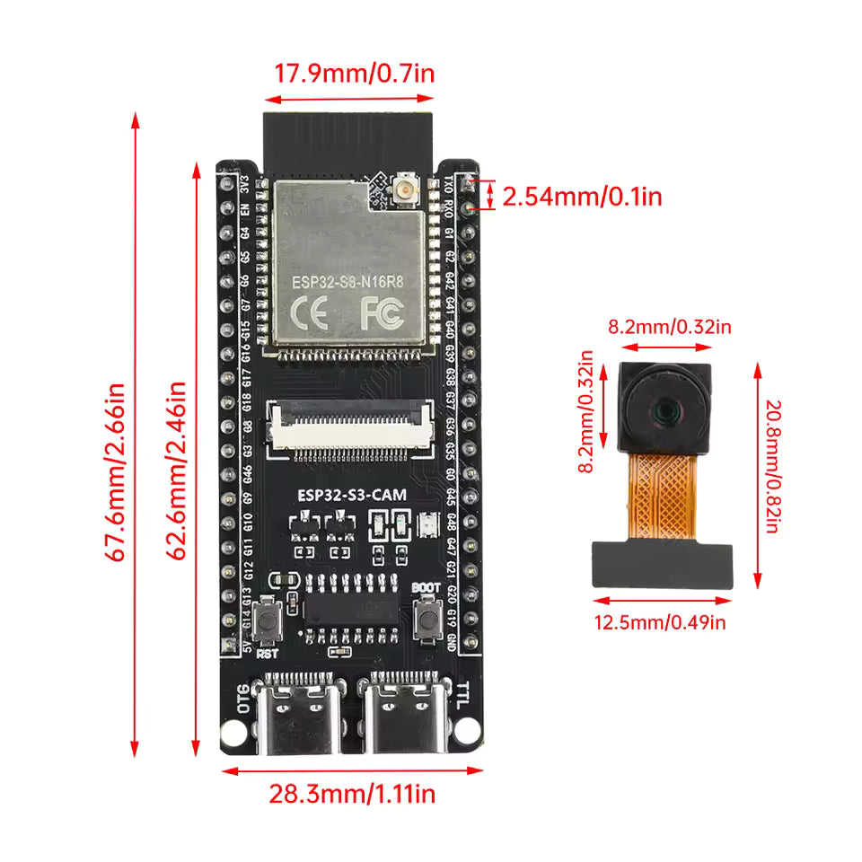ESP32 S3 CAM Development Board + OV3660 Camera Dimensions