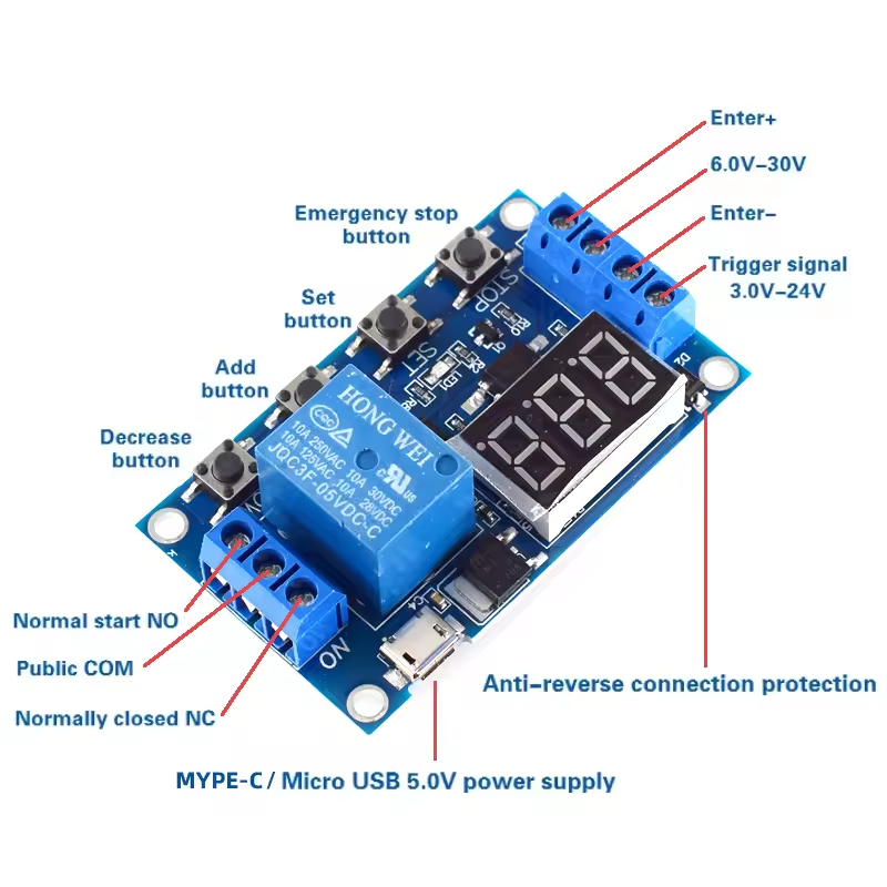 6-30V Time Relay Pinout Diagram