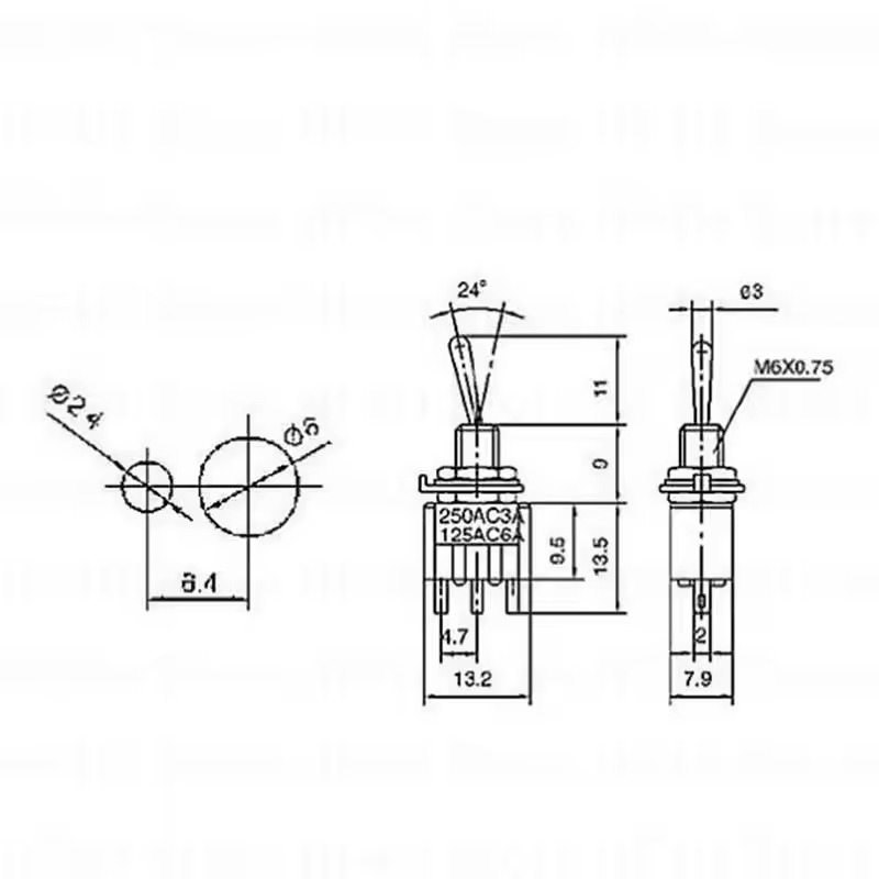 Mini Toggle Switch – ON/OFF MTS-102 Dimensions