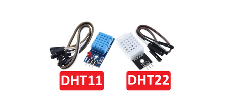 Image displaying DHT11 and DHT22 digital temperature and humidity sensors, with the DHT11 as a cost-effective option and the DHT22 offering higher accuracy