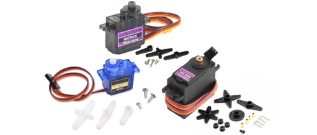 An image featuring three servo motors: SG90 (plastic gears), MG90S (metal gears), and MG996R (high-torque, metal gears) for various applications