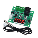 W1209 temperature controller module, a compact device for monitoring and regulating temperature, featuring a digital display and adjustable settings, commonly used in DIY temperature control projects