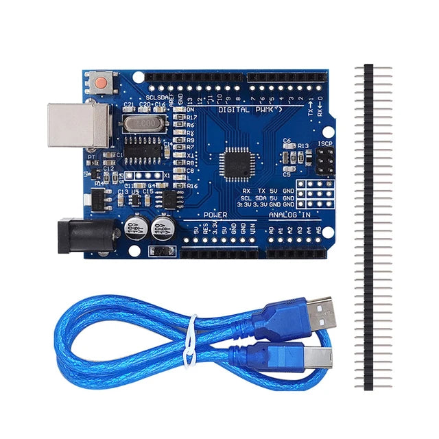 Arduino Uno R3 microcontroller board featuring a CH340G USB-to-Serial chip and an ATmega328P processor, providing a cost-effective solution for Arduino-based projects and prototyping.