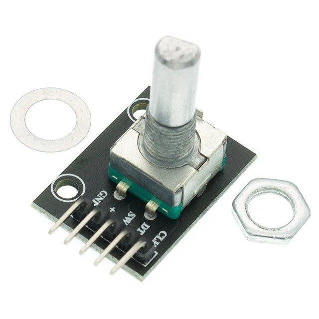 KY-040 rotary encoder module, designed for detecting rotary motion and direction, typically used in electronic devices to adjust settings or navigate menus