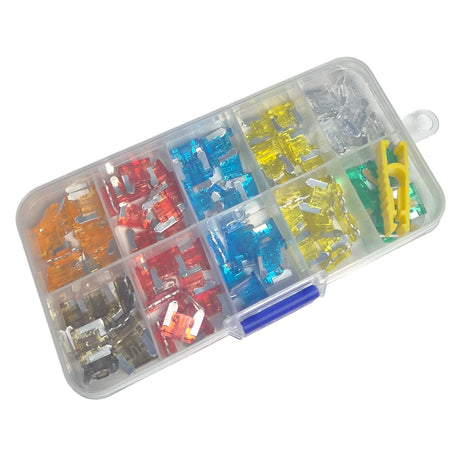 100pcs Mini Blade Fuse Kit 5A–30A Low Profile with Puller Tool & Case