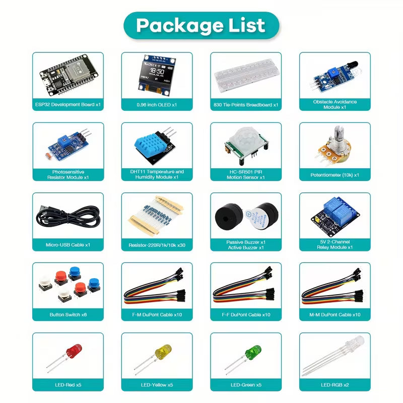 ESP32 Basic Starter Kit – Complete Learning Bundle with 30+ Components & Guided Tutorials