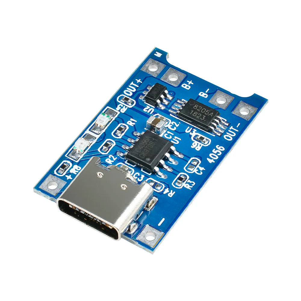 TP4056 lithium battery charger module with USB Type-C input, designed for charging 18650 lithium batteries, featuring built-in overcharge and short-circuit protection