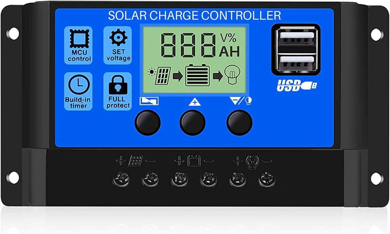 30A PWM Solar Charge Controller 12V/24V Auto with Dual USB