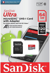 Sandisk 64GB MicroSD Card SDHC Ultra + Adapter - Class 10 A1