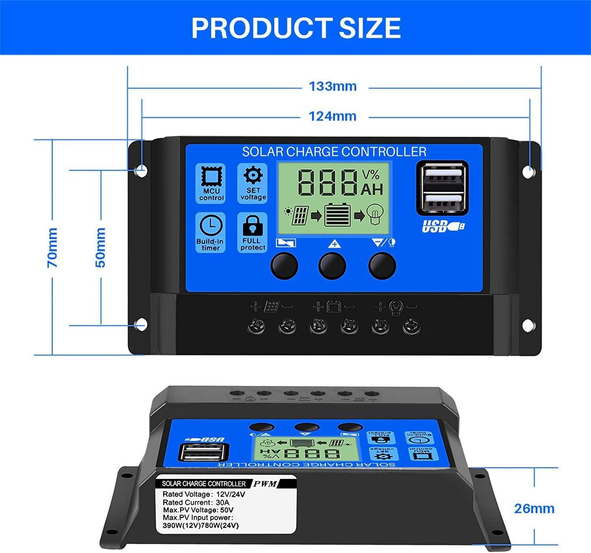 30A PWM Solar Charge Controller 12V/24V Auto with Dual USB