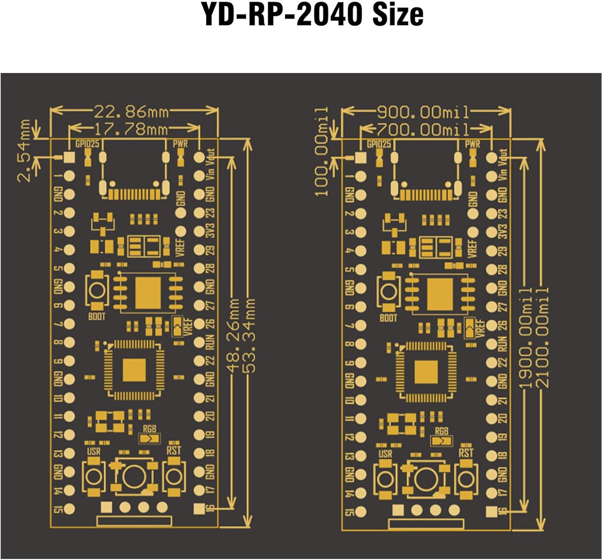 RP2040 Development Board 16MB Flash Dimensions
