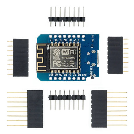 D1 Mini ESP8266, a compact Wi-Fi development board based on the ESP8266 microcontroller, featuring built-in Wi-Fi connectivity, multiple I/O pins, and compatibility with Arduino IDE for IoT and smart home projects.