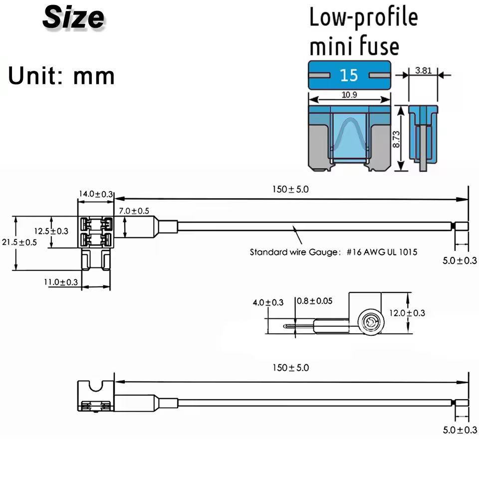 Double Mini Blade Fuse Tap Cable Low Profile – 15A Dimensions