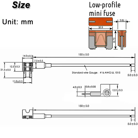 Double Mini Blade Fuse Tap Cable Low Profile Dimensions
