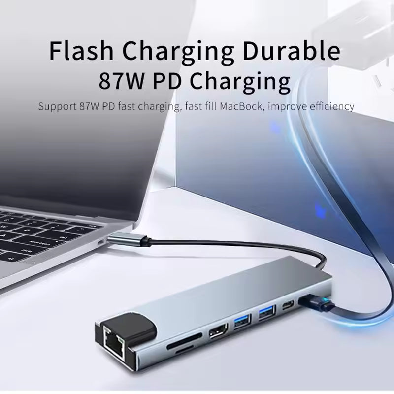 8-in-1 USB-C Hub HDMI RJ45 Ethernet USB 3.0 SD TF Card Reader PD3.0 Adapter