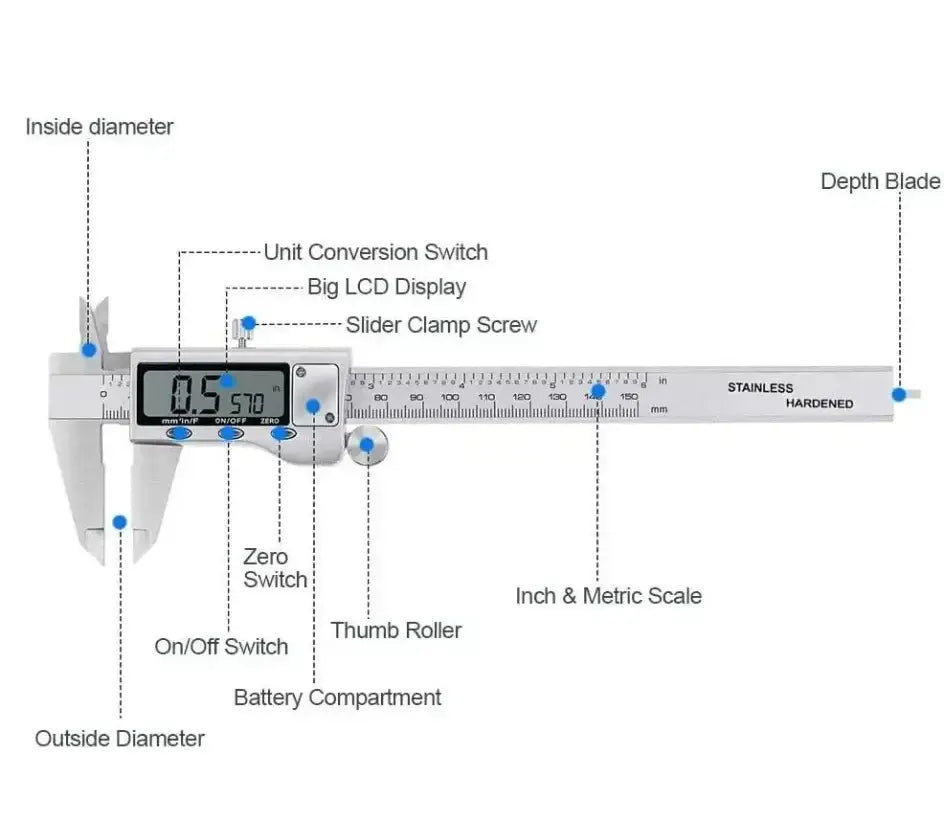 Stainless Steel Digital Caliper Vernier 150mm Micrometer LCD Measuring Tool Diagram