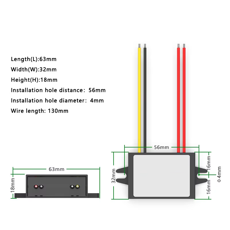 12V to 5V 3A DC-DC Buck Converter Voltage Reducer Dimensions