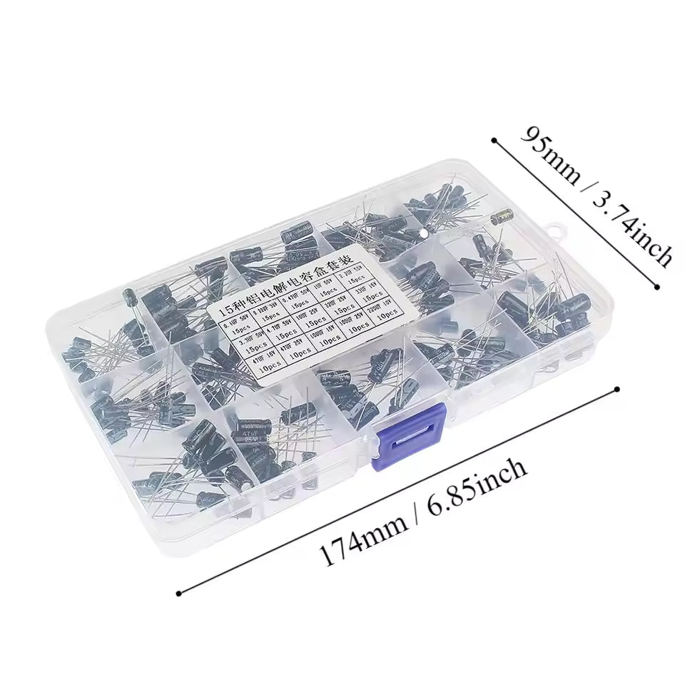 200pcs Electrolytic Capacitor Kit 15 Values Assorted Capacitor Set Box Dimensions