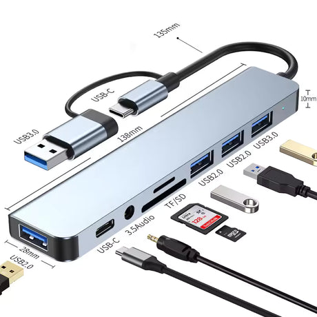 8-in-1 USB-C Hub Multiport Dock USB 3.0 SD TF Audio Adapter for Laptop PC

