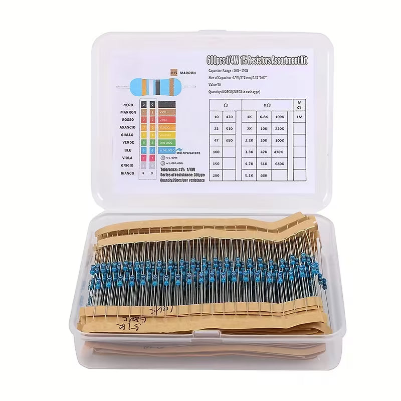 600pcs 30 Values Resistor Kit - 1/4W 1% Metal Film