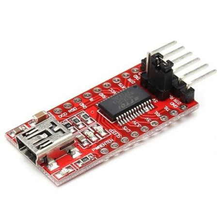 Red FTDI FT232RL USB to TTL serial adapter, a compact module for converting USB signals to TTL serial, used for communication with microcontrollers