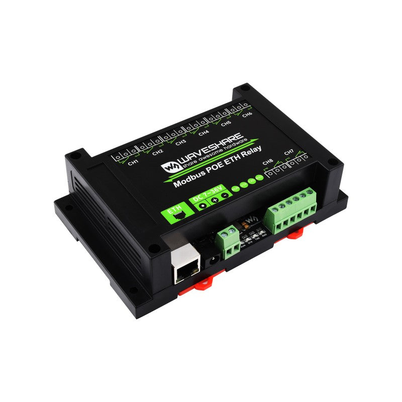 8-Channel Ethernet Relay Module, PoE, Modbus RTU/TCP, Opto-Isolated Protection Waveshare